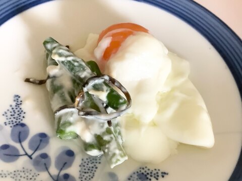 ☆温泉卵とアスパラマヨネーズ塩昆布和え☆